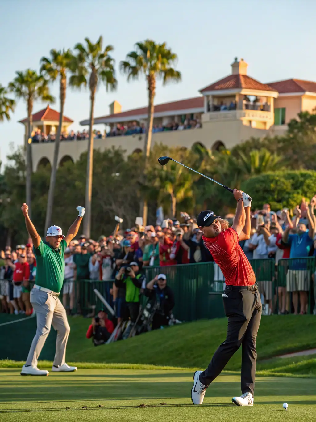 A lively amateur golf competition in progress, with diverse participants, scoreboards, and spectators, capturing the excitement and camaraderie of club tournaments.