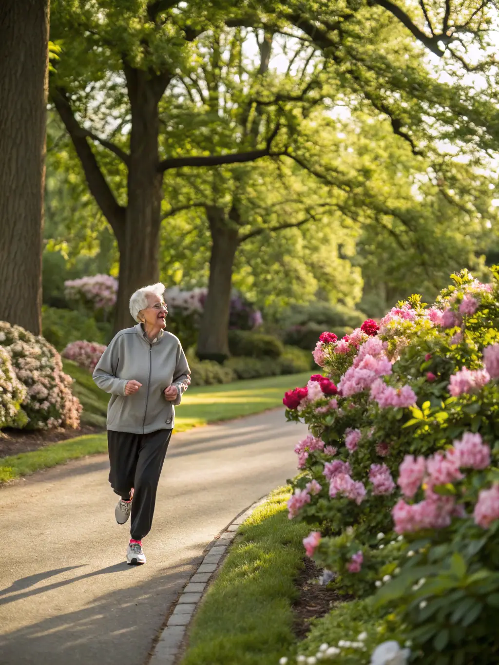 A smiling senior golfer and a young child jogging together along a golf path, with trees and sunlight, highlighting intergenerational activity and well-being. This image will be used to showcase the club’s commitment to health.