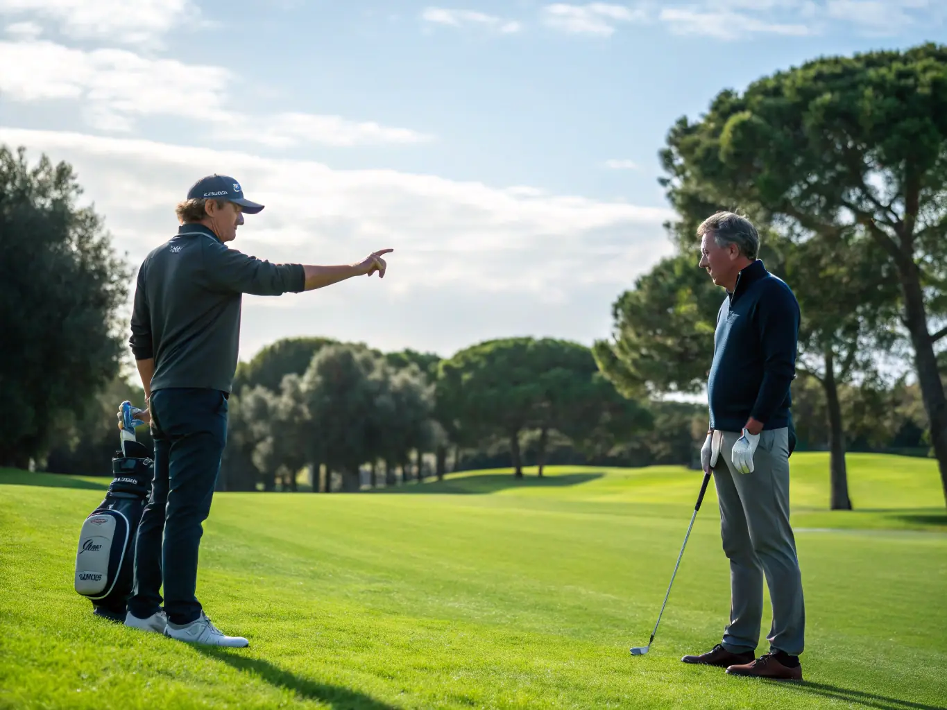 A group of children and teenagers receiving golf instruction from a professional coach on a lush green course, with everyone smiling and engaged in learning, representing the club’s youth initiation program.