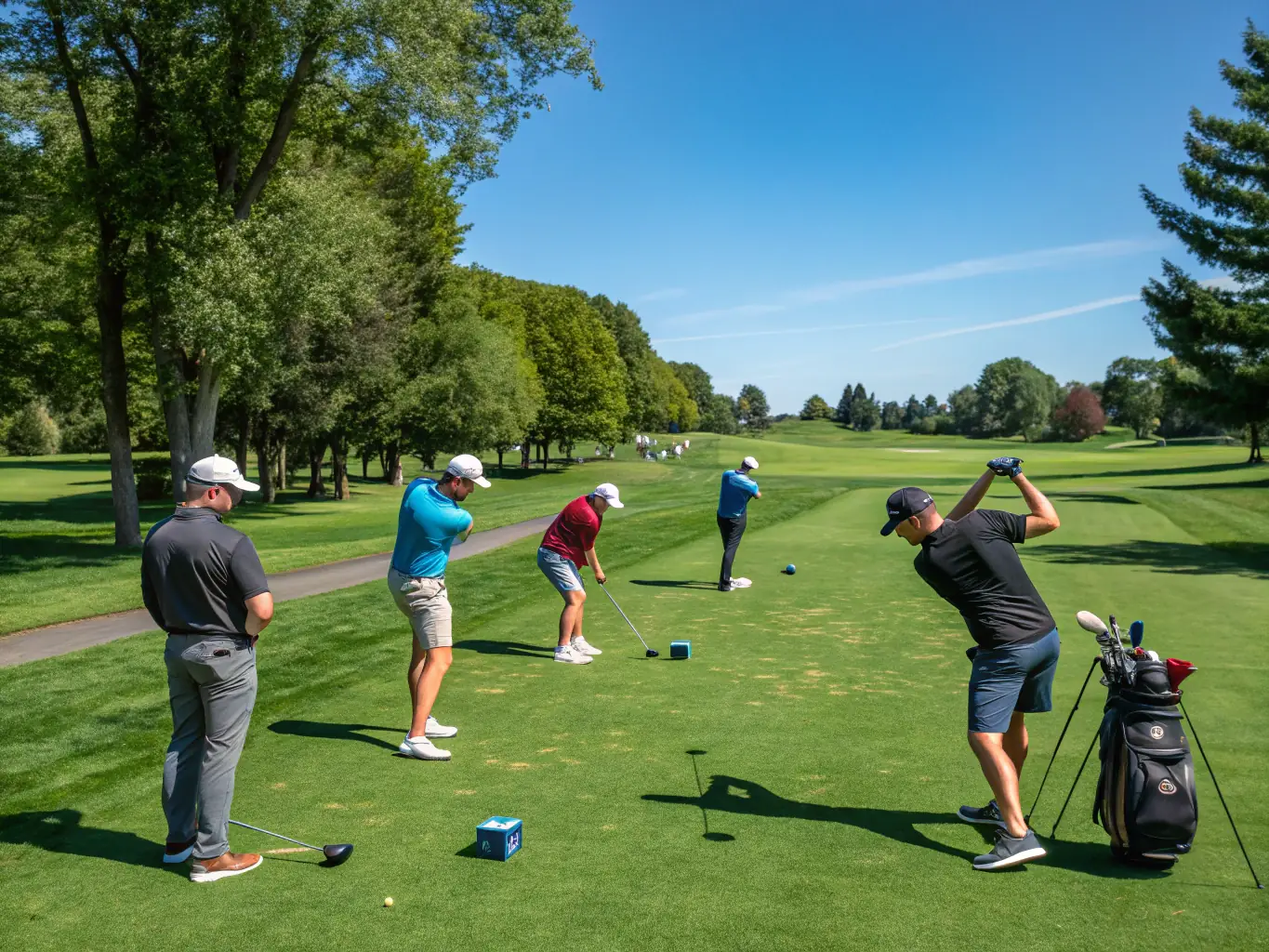 A diverse group of adults and seniors practicing their swings on the driving range, with a coach providing personalized tips, highlighting the club’s commitment to lifelong learning and inclusion.