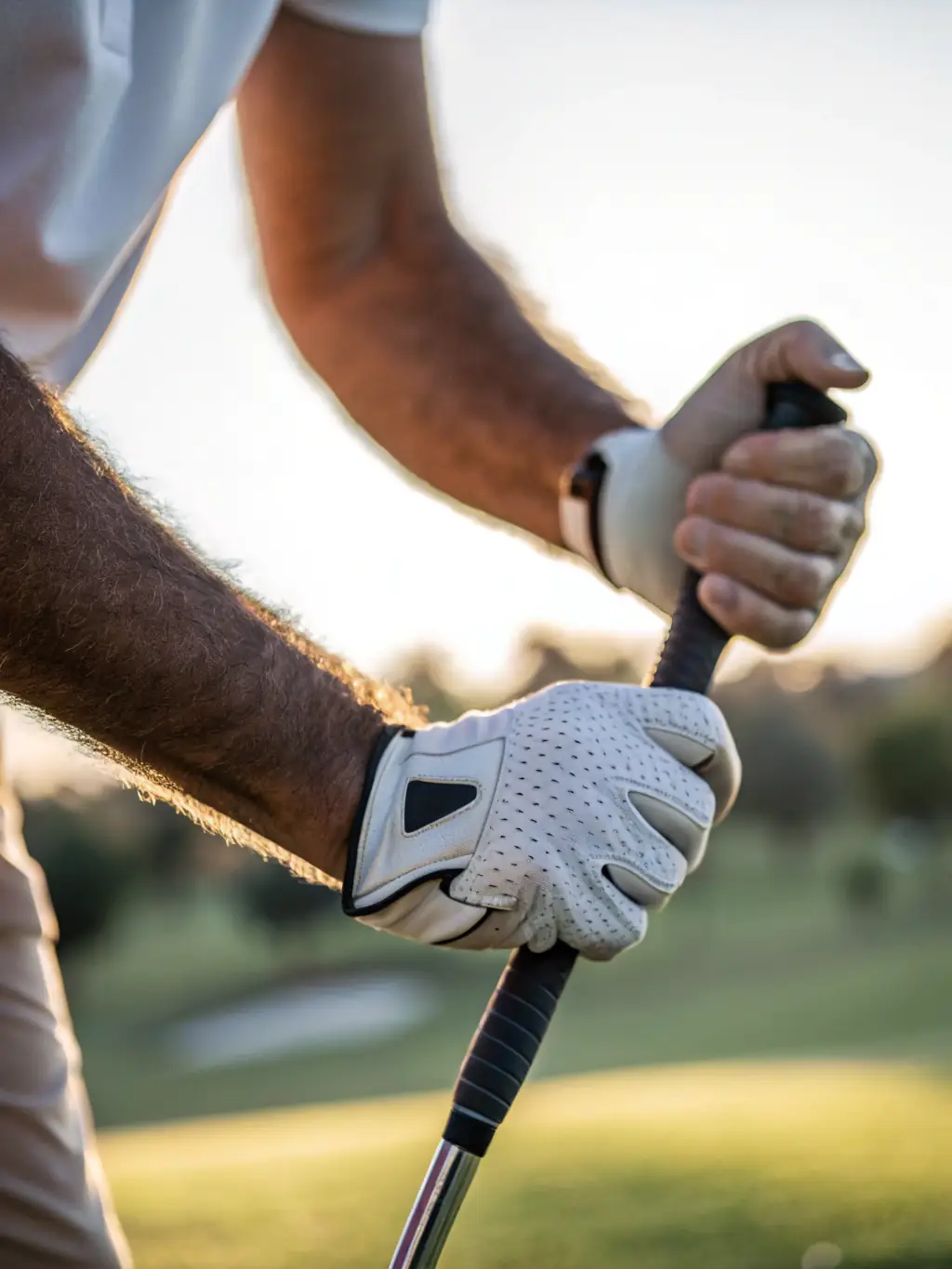 A close-up of a golfer helping another adjust their grip, both wearing club-branded attire, with a lush fairway in the background. The scene conveys a sense of integrity and fair play, suitable for illustrating the club’s ethical standards.