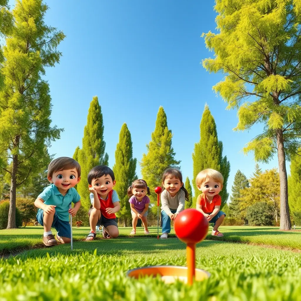 Photo d’un groupe de jeunes golfeurs lors de la première initiation en 2016, sur le green du club, ambiance conviviale.