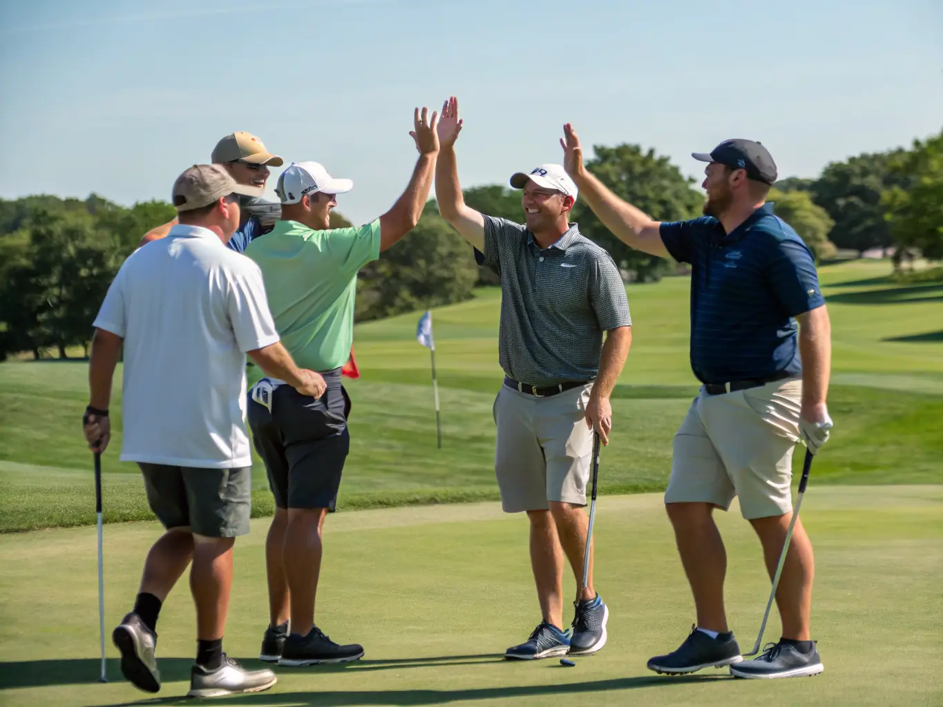 A vibrant scene of young golfers celebrating after a friendly competition, with trophies and medals, set against the backdrop of the club’s main course, illustrating the excitement of local tournaments.
