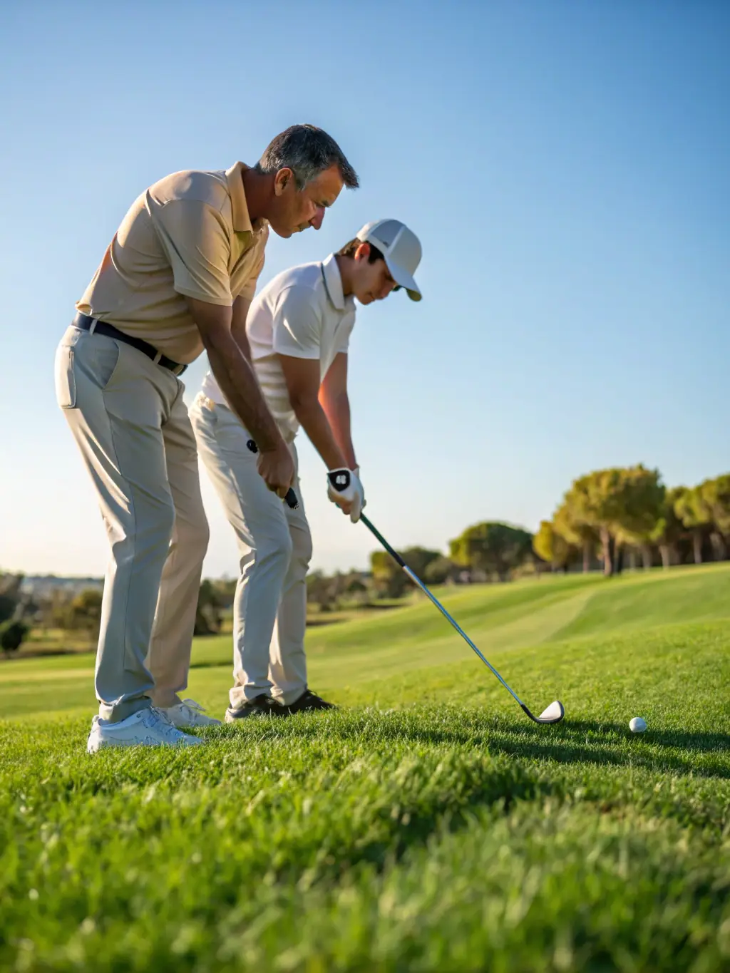 A professional golf coach guiding a group of children during a beginner’s lesson on a sunny, well-maintained golf course, emphasizing learning and enjoyment.