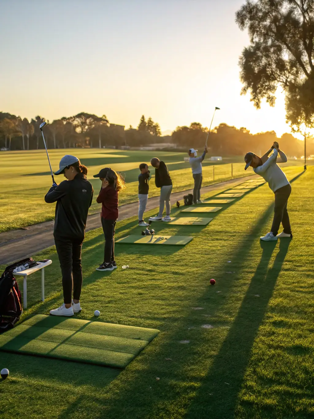 A group of teenagers practicing their swings under the supervision of an instructor, with golf bags and equipment visible, set against a backdrop of green fairways.