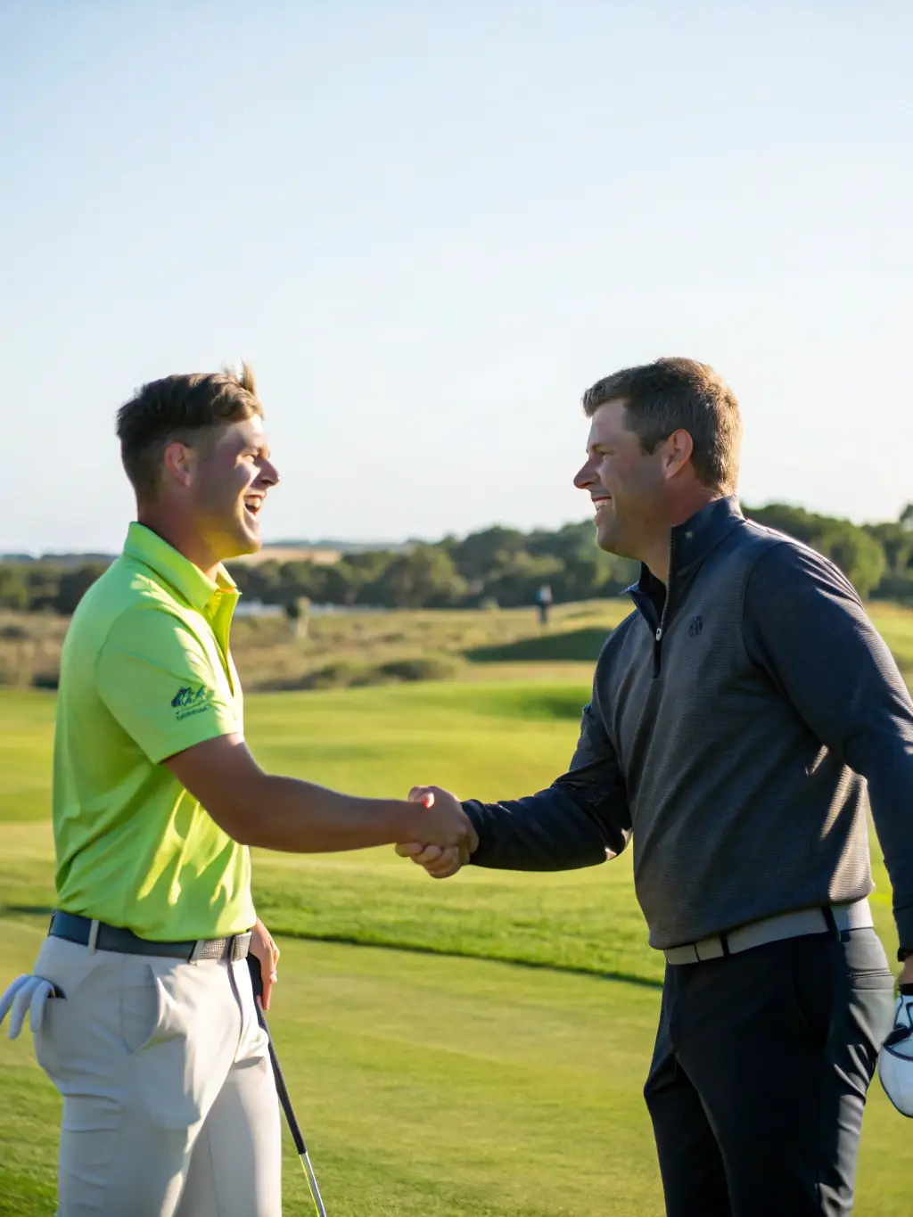 A group of diverse young golfers and an instructor standing together on the green, smiling and giving a respectful handshake, with the club’s logo subtly visible in the background. This image will be used to represent the value of respect and mentorship at GOLF DE VIERZON LA PICARDIERE.