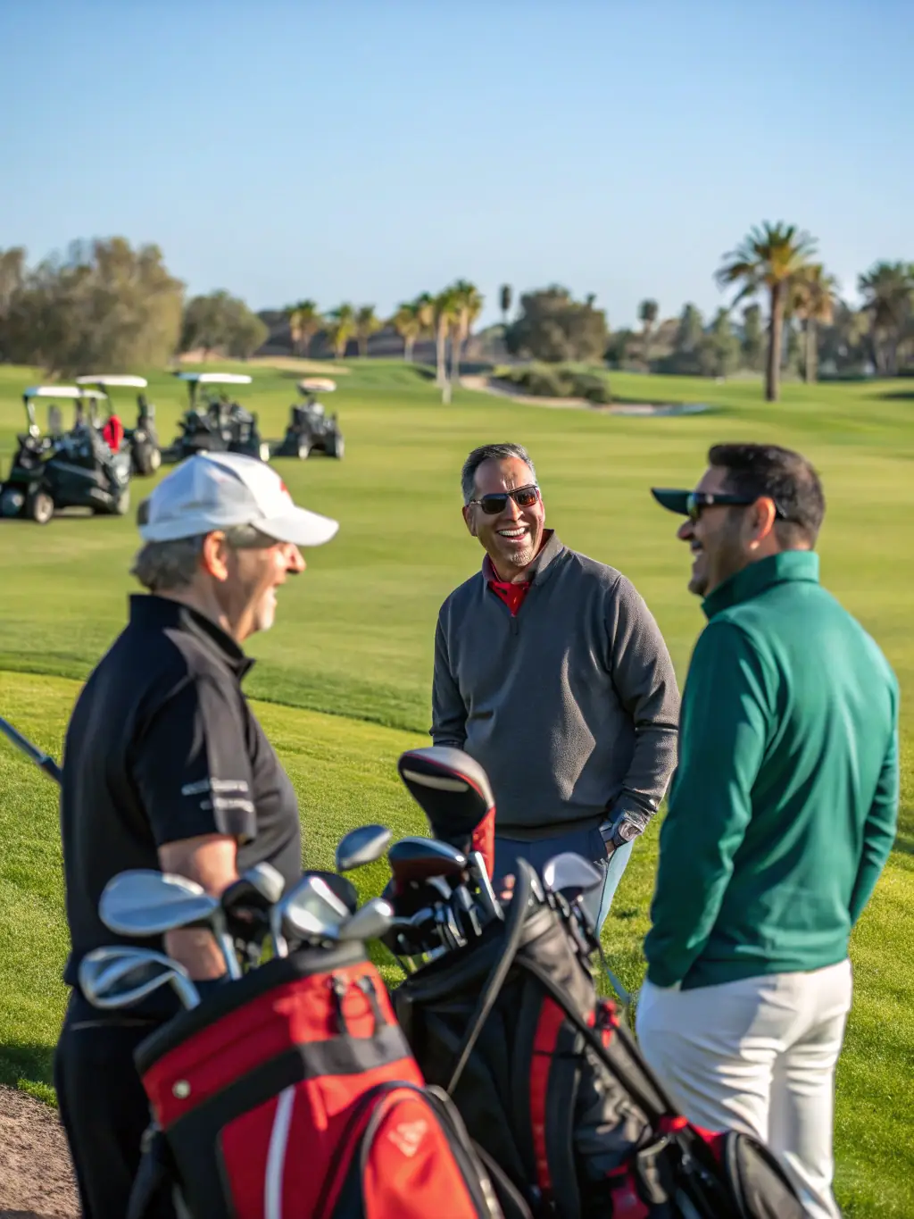 A group of golfers of different abilities, including a wheelchair user, celebrating after a round, with the clubhouse in the background. The image demonstrates social inclusion and accessibility at GOLF DE VIERZON LA PICARDIERE.
